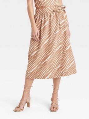 a new day Beige and Cream Zebra-Print Midi Skirt with Tie Waist
